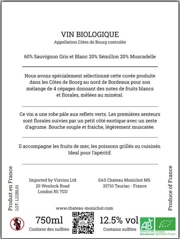 Le Blanc de Monichot 2023 - Organic Cotes de Bourg - White - 75cl
