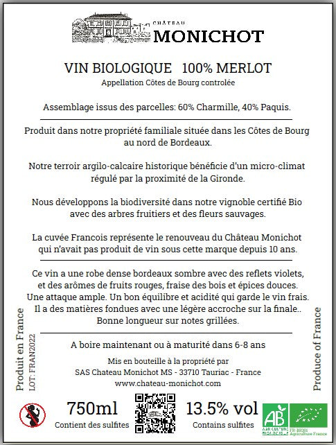 Chateau Monichot - Cuvee Francois 2022 - Organic Cotes de Bourg - Merlot - 75cl
