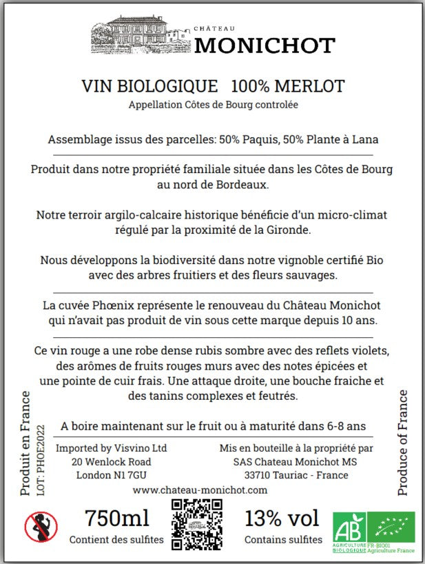 Chateau Monichot - Cuvee Phoenix 2022 - Organic Cotes de Bourg - Merlot - 75cl