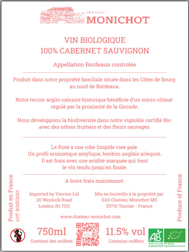 Chateau Monichot - Le Rose 2023 - Organic Bordeaux Rose - Cabernet Sauvignon - 75cl