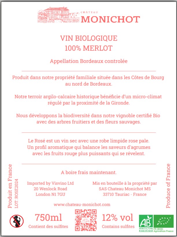Chateau Monichot - Le Rose 2024 - Organic Bordeaux - Merlot - 75cl