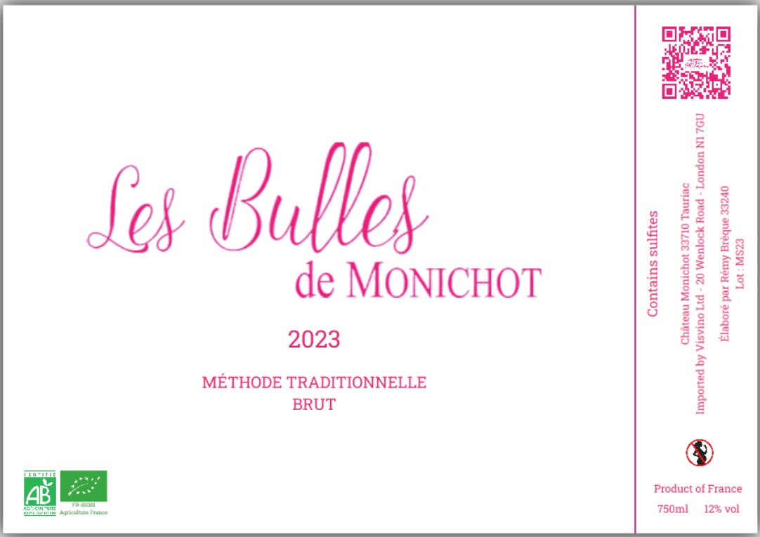 Les Bulles de Monichot - 2023 - Organic - Méthode Traditionnelle Rosé- Cabernet Sauvignon - 75cl