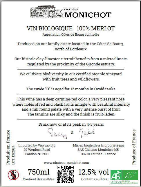 Château Monichot - Cuvée "O" 2024 - Organic Côtes de Bourg - Merlot - 75cl
