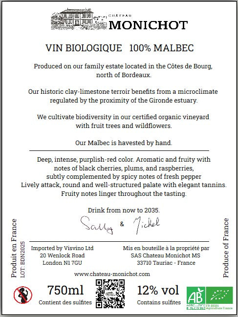 Château Monichot - Malbec 2024 - Organic Côtes de Bourg - Malbec - 75cl